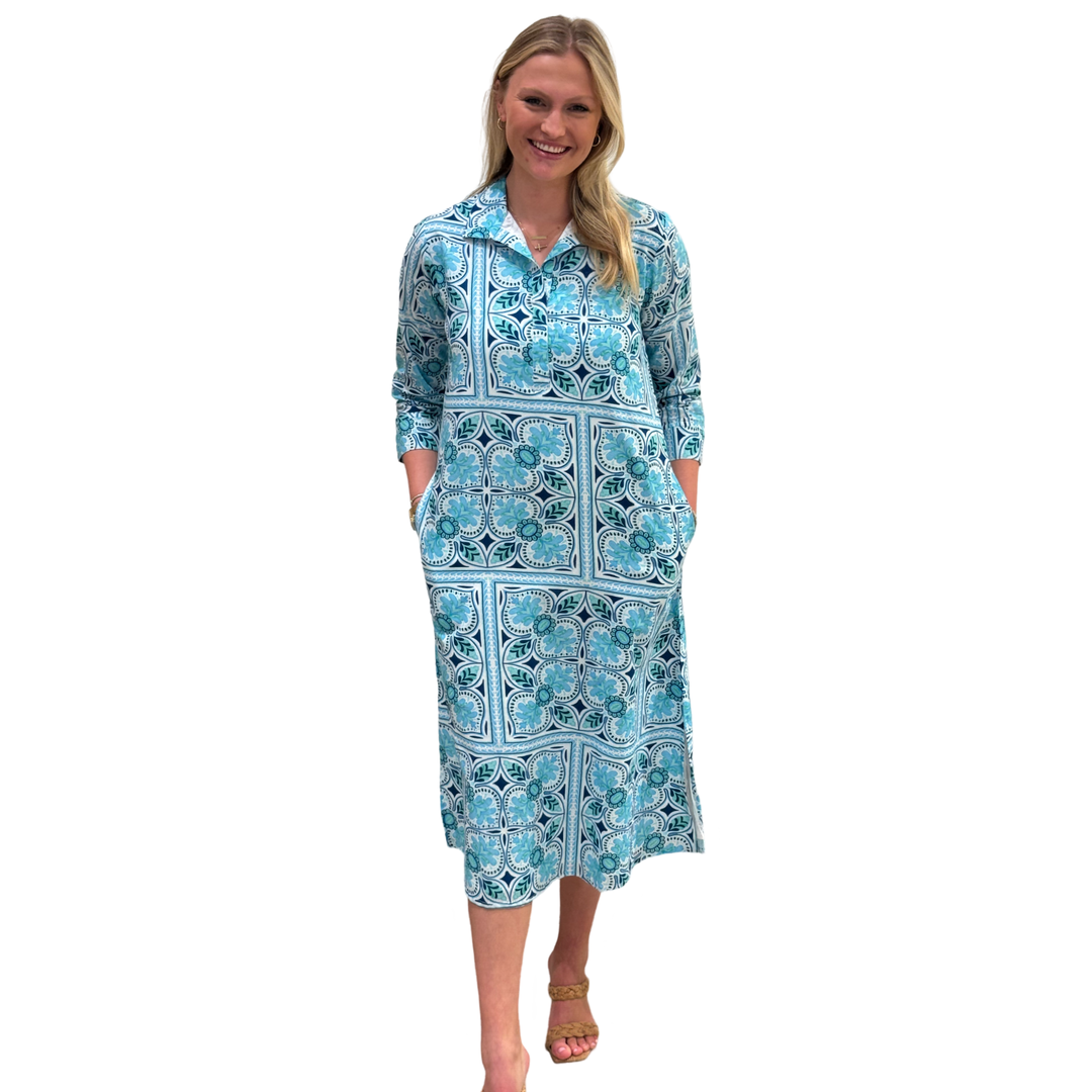 The Lisette Aqua Tile Print  Cotton Dress — view 4