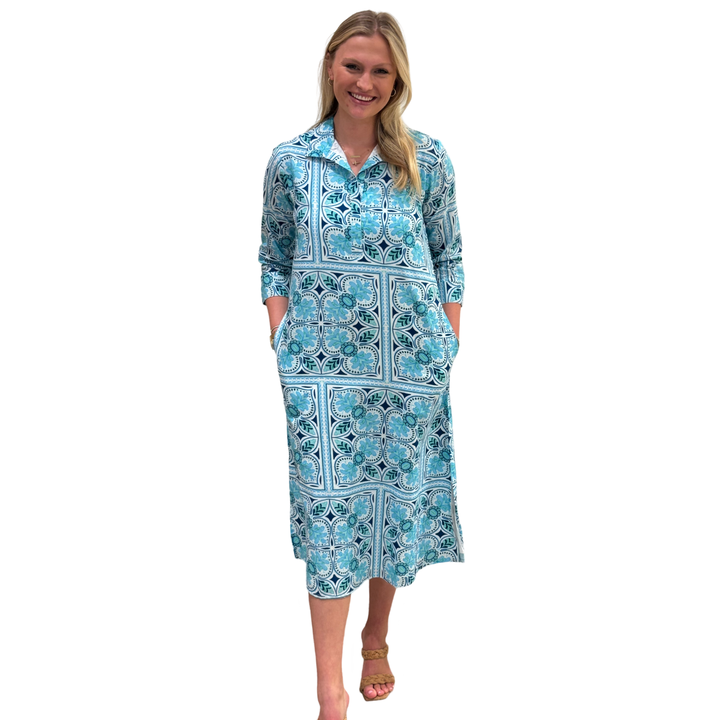The Lisette Aqua Tile Print  Cotton Dress — view 4