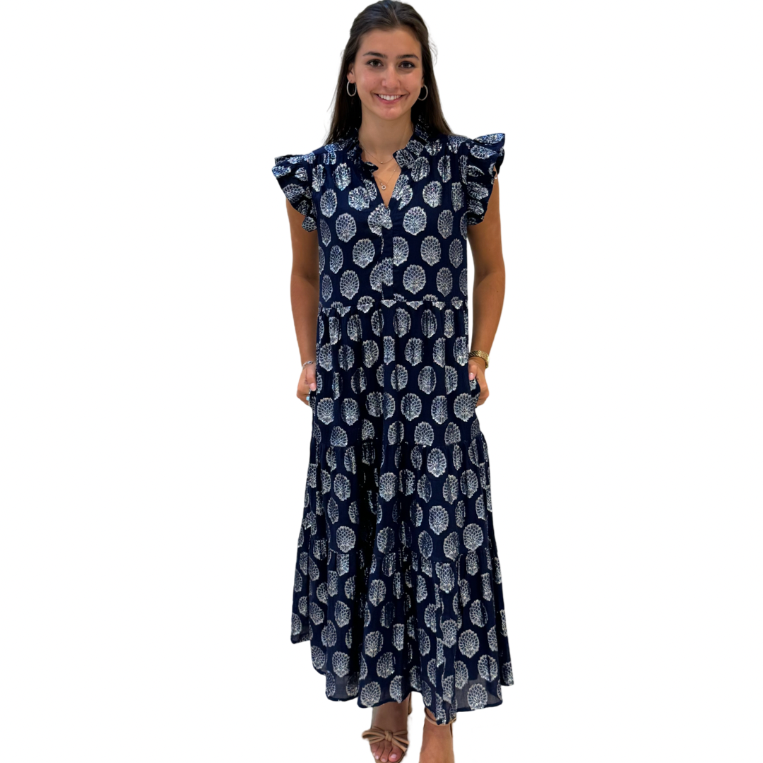 The Campbell Navy and Silver Flutter Sleeve Dress