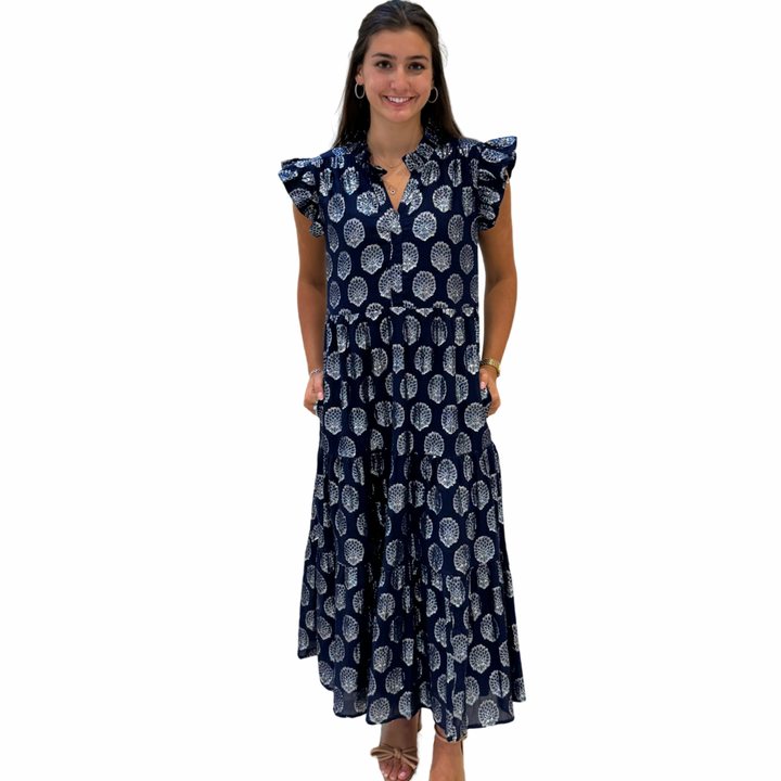 The Campbell Navy and Silver Flutter Sleeve Dress