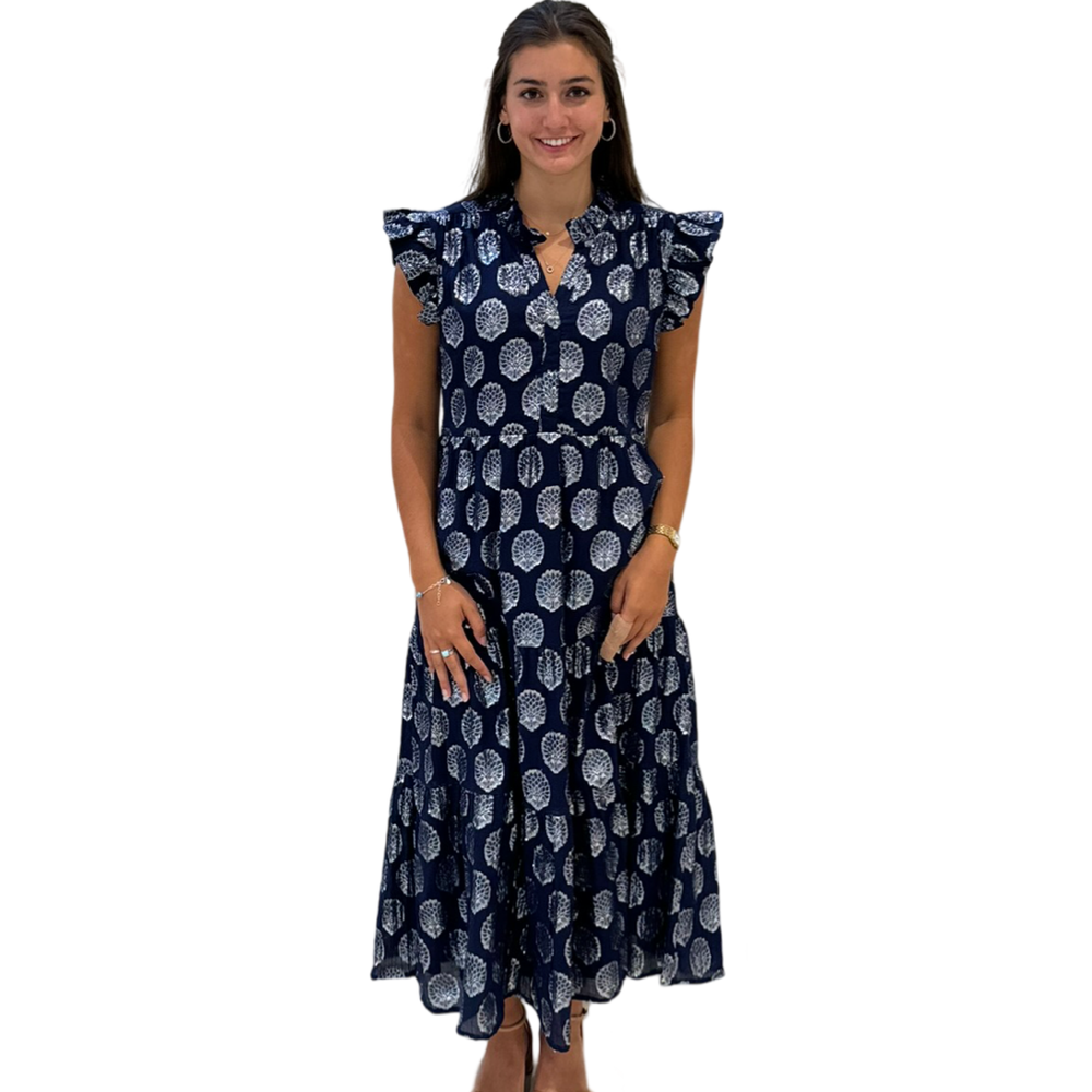 The Campbell Navy and Silver Flutter Sleeve Dress — view 2
