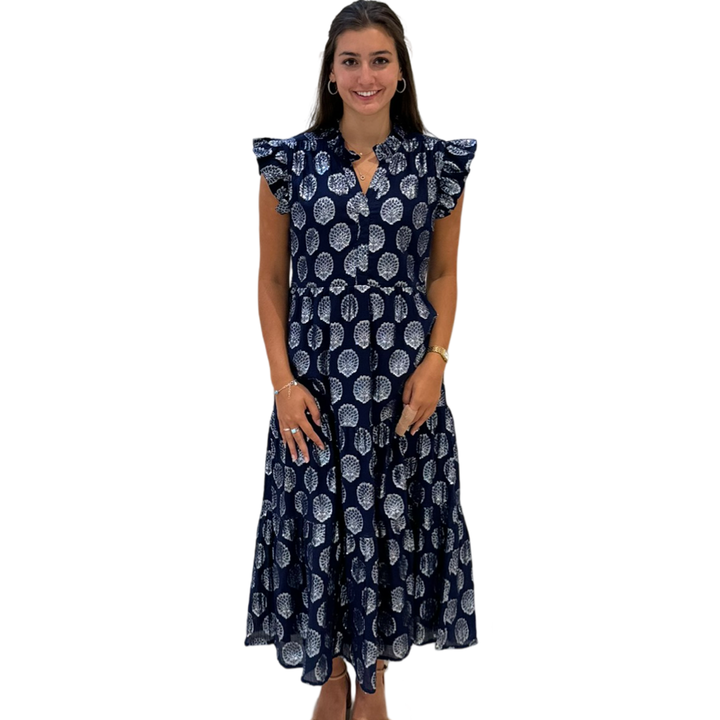 The Campbell Navy and Silver Flutter Sleeve Dress — view 2