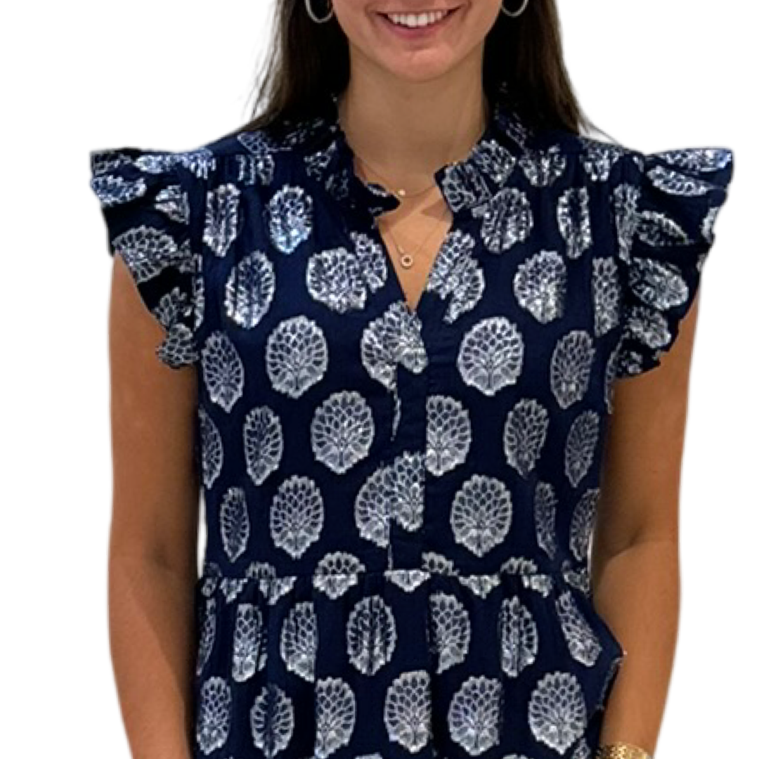 The Campbell Navy and Silver Flutter Sleeve Dress — view 3