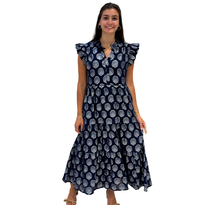 The Campbell Navy and Silver Flutter Sleeve Dress — view 4