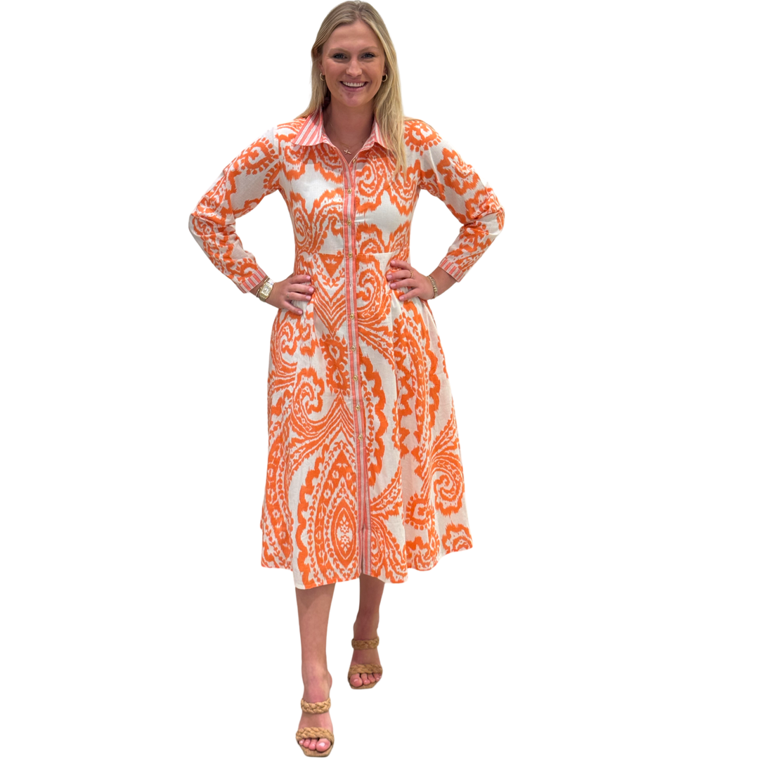 The Marion Button Front Dress in Tangerine Ikat