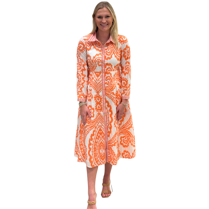 The Marion Button Front Dress in Tangerine Ikat — view 3