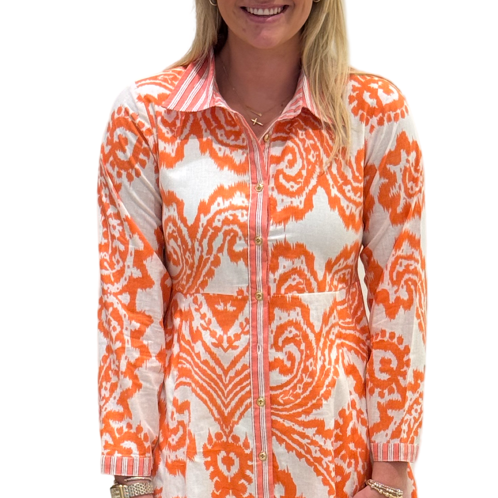 The Marion Button Front Dress in Tangerine Ikat — view 2