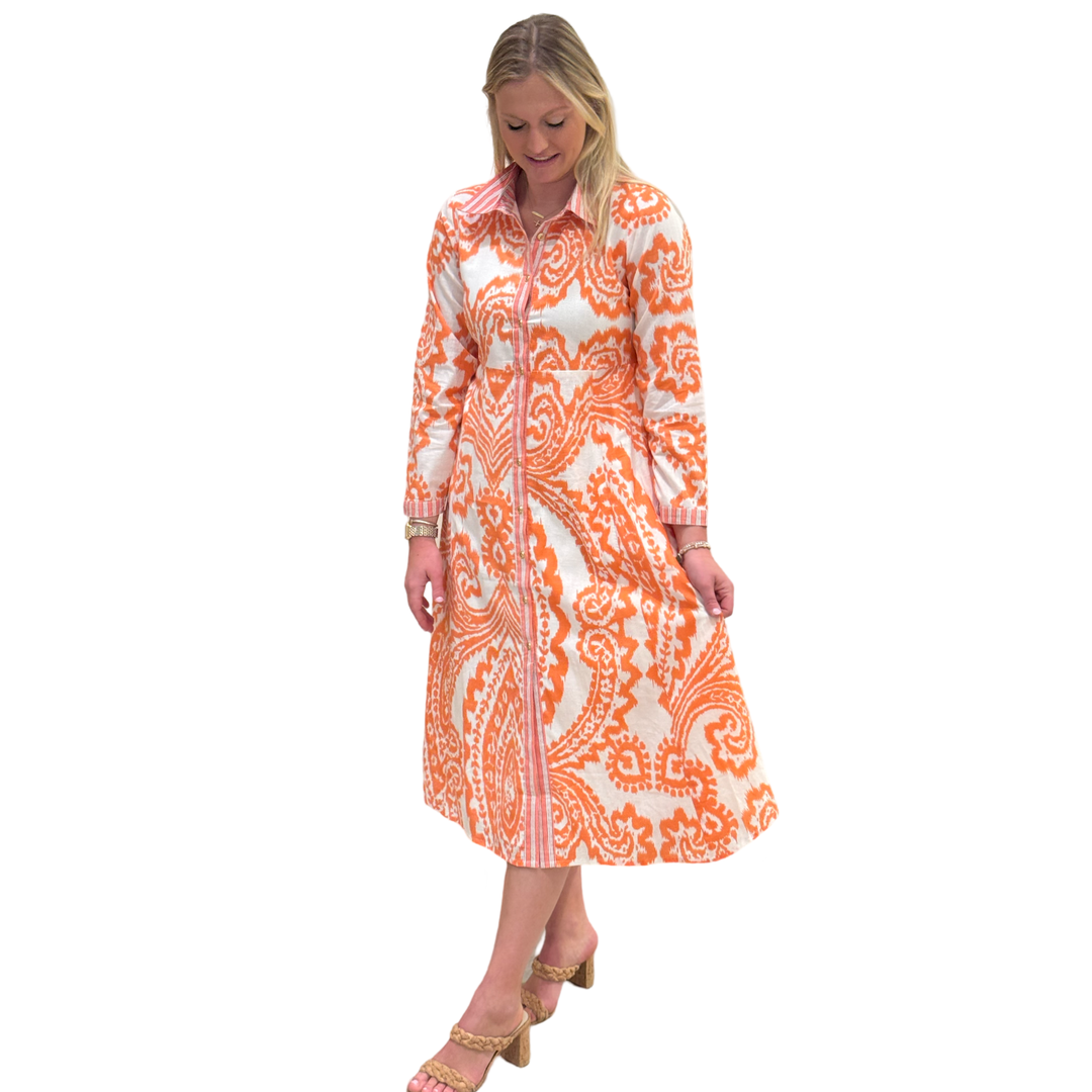 The Marion Button Front Dress in Tangerine Ikat — view 5