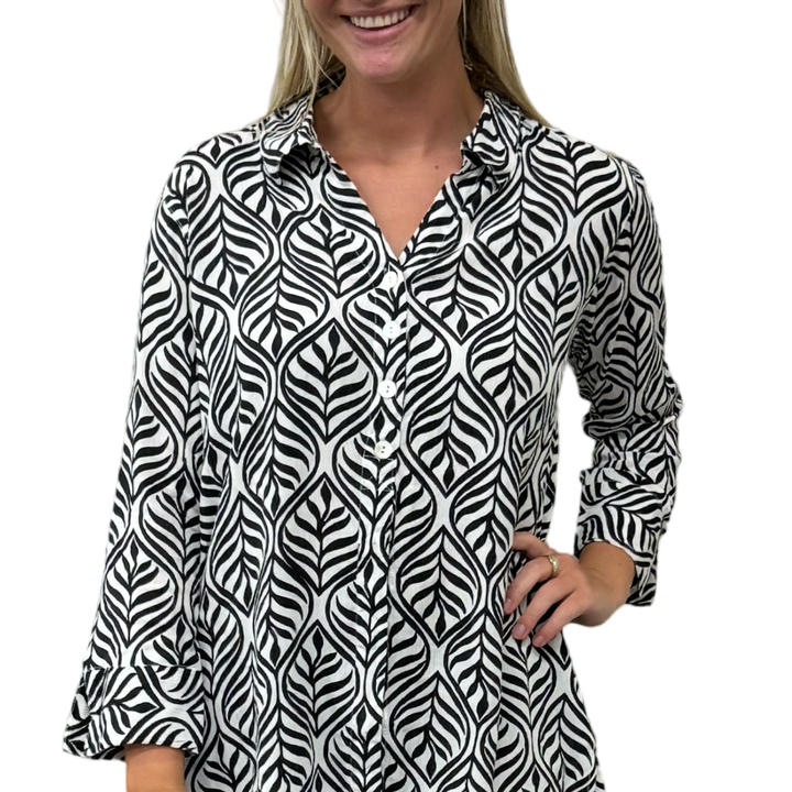The Mason Button Back Top in Black and White Cotton Jacquard — view 3