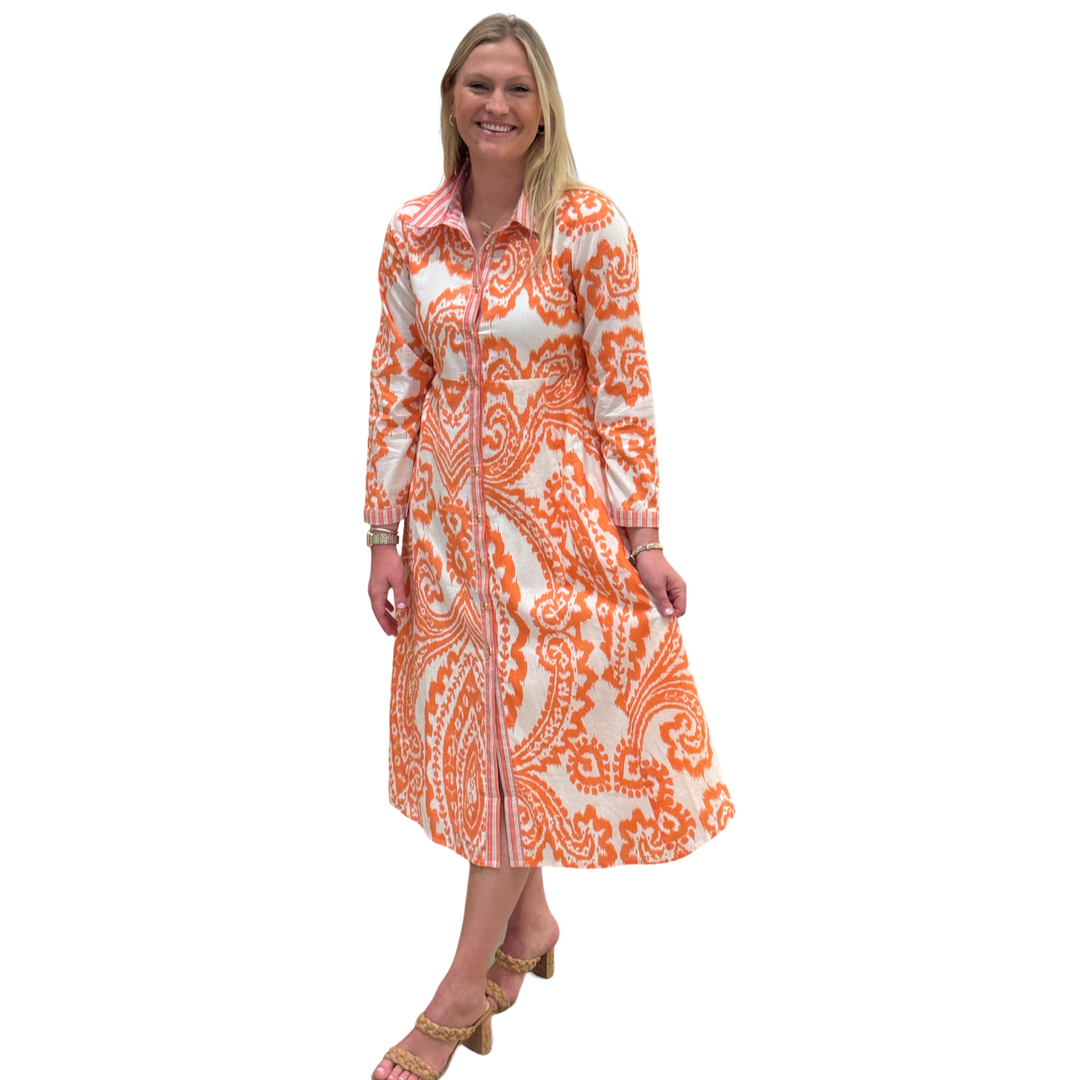 The Marion Button Front Dress in Tangerine Ikat — view 4