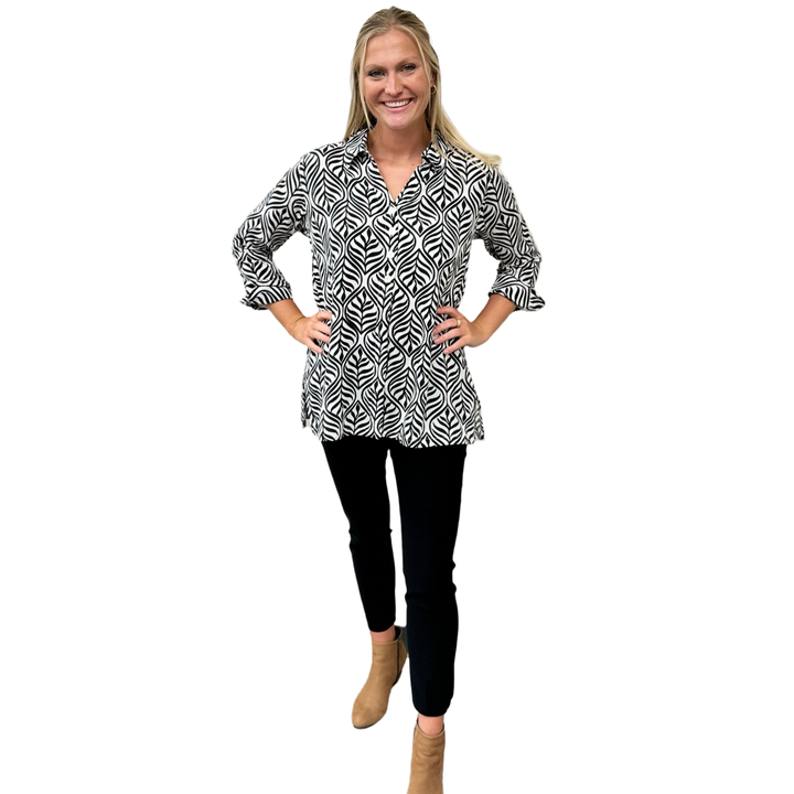 The Mason Button Back Top in Black and White Cotton Jacquard — view 7
