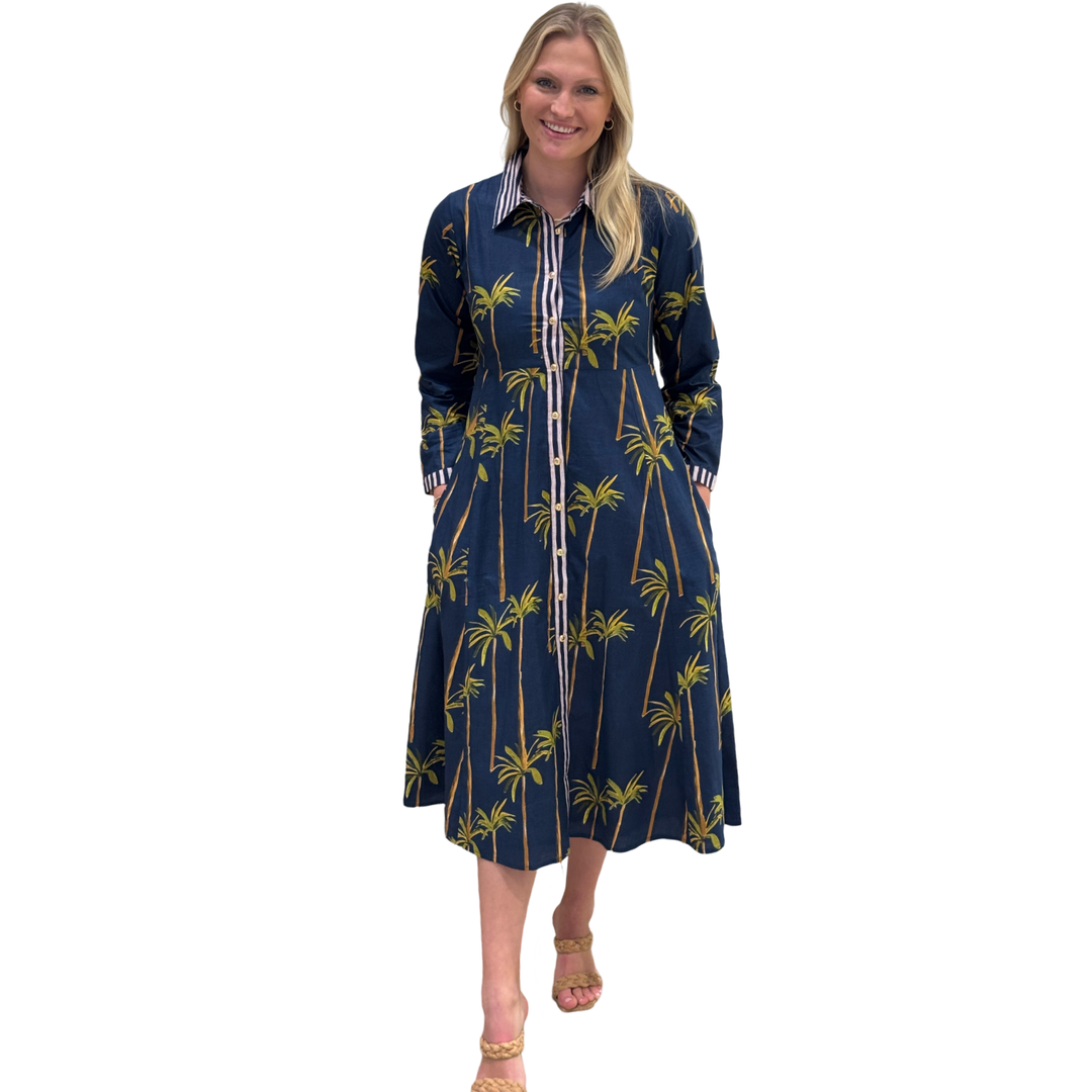 The Marion Button Front Dress in Navy Palm