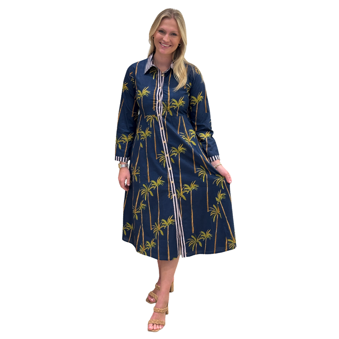 The Marion Button Front Dress in Navy Palm — view 3