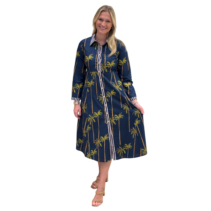 The Marion Button Front Dress in Navy Palm — view 3