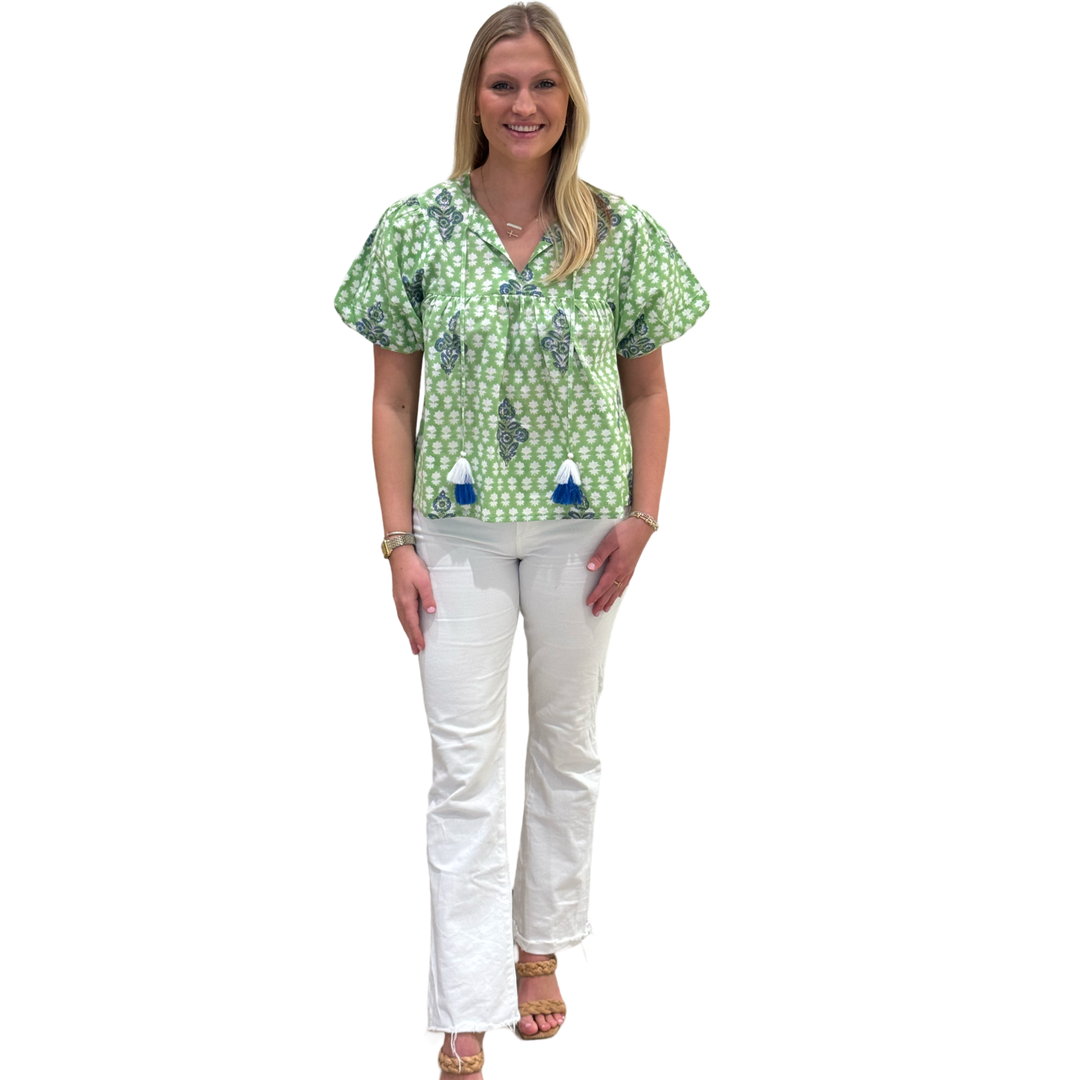 The Poppy Puff Sleeve Top in Lime Floral Hand-Block