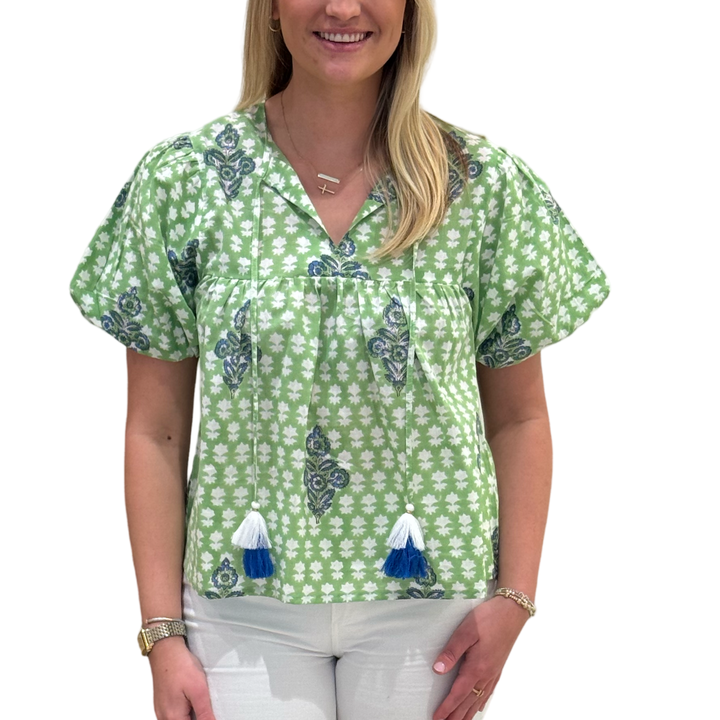 The Poppy Puff Sleeve Top in Lime Floral Hand-Block — view 3