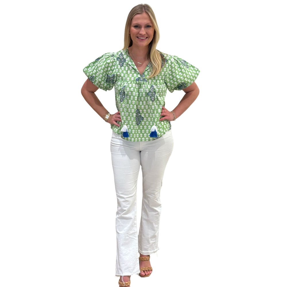 The Poppy Puff Sleeve Top in Lime Floral Hand-Block — view 2