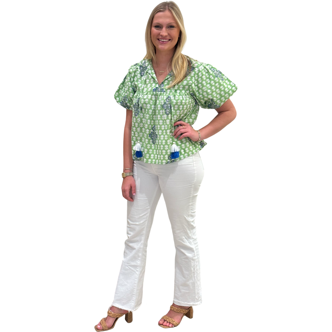 The Poppy Puff Sleeve Top in Lime Floral Hand-Block — view 4