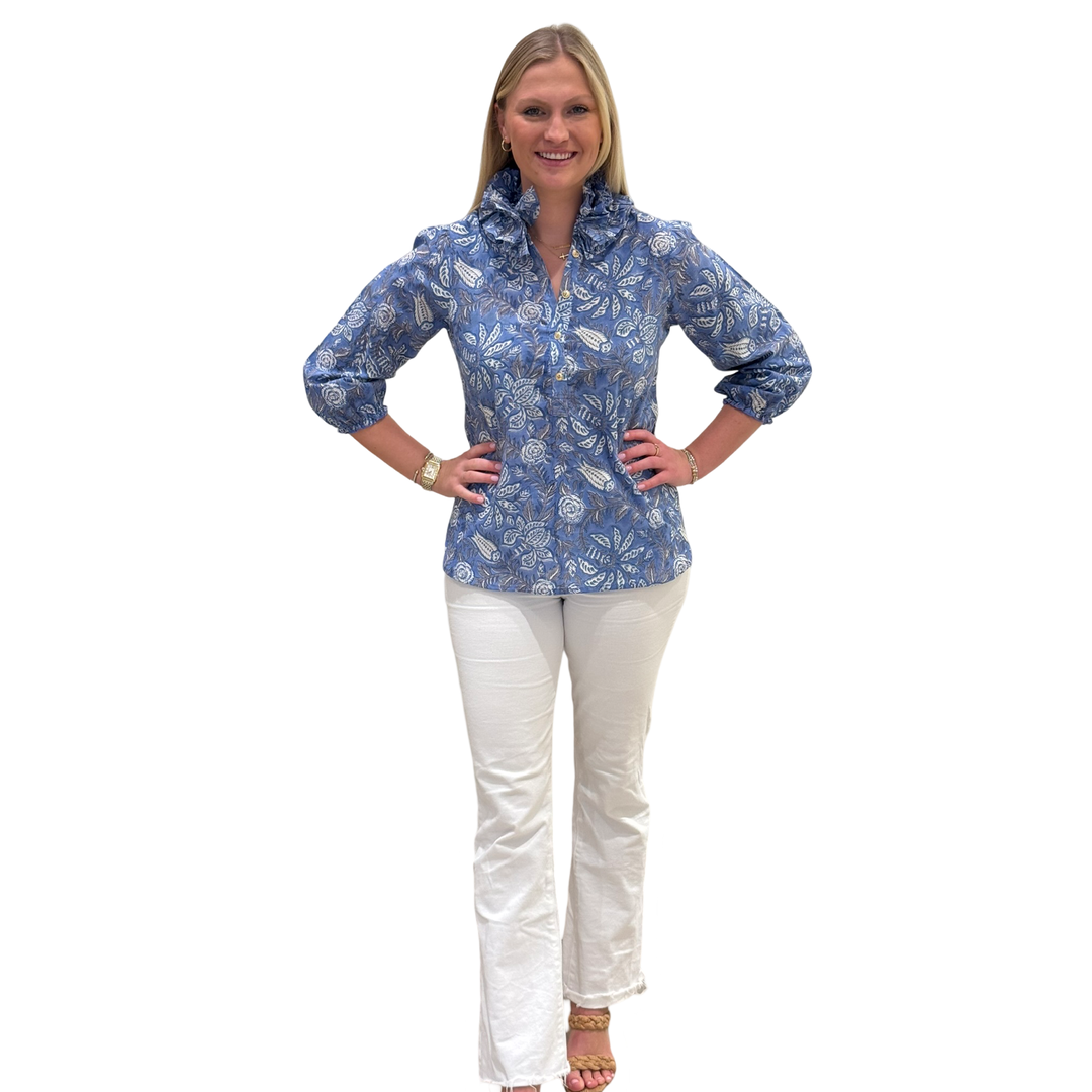 The Maria Ruffle Neck Blouse in Cotton Hand Blocked Blue Grey Floral