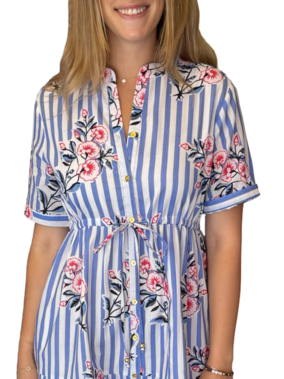 The Hamilton Button Front Tie Waist Dress in Periwinkle Striped Floral — view 3
