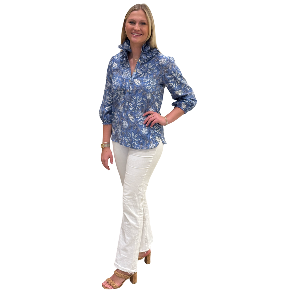The Maria Ruffle Neck Blouse in Cotton Hand Blocked Blue Grey Floral — view 2