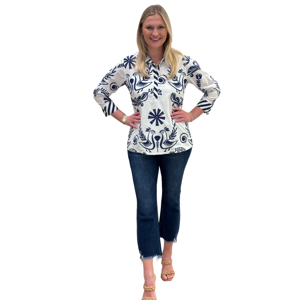 The Lisette Cotton Bird Print Top in White and Navy — view 2