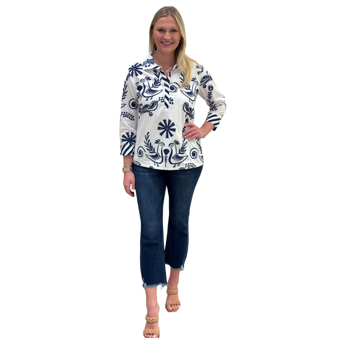 The Lisette Cotton Bird Print Top in White and Navy