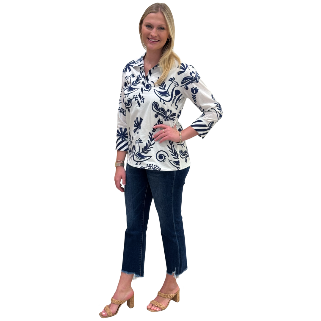 The Lisette Cotton Bird Print Top in White and Navy — view 3