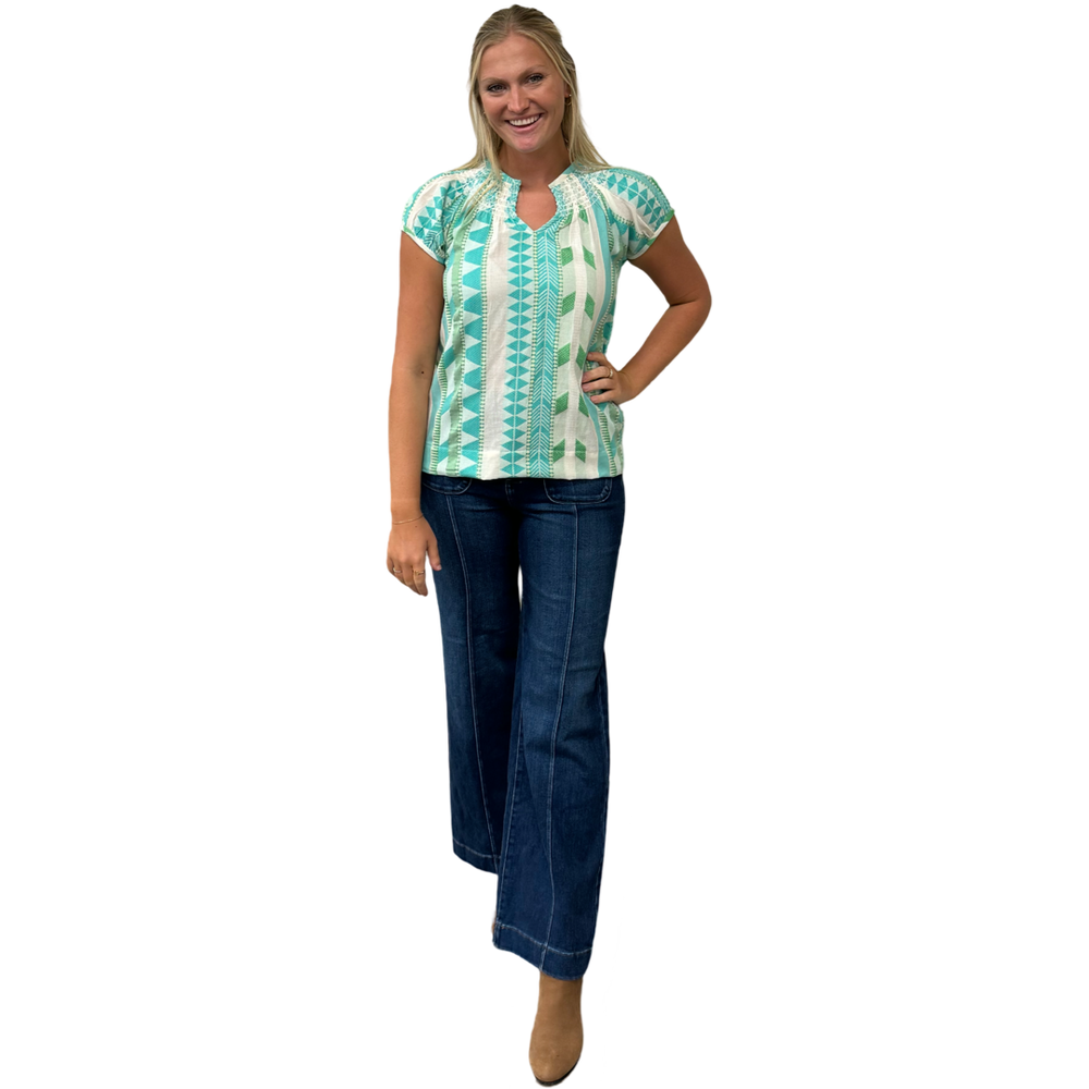 The Michelle Smock Neck Short Sleeve Top in Turquoise and Cream Jacquard — view 2