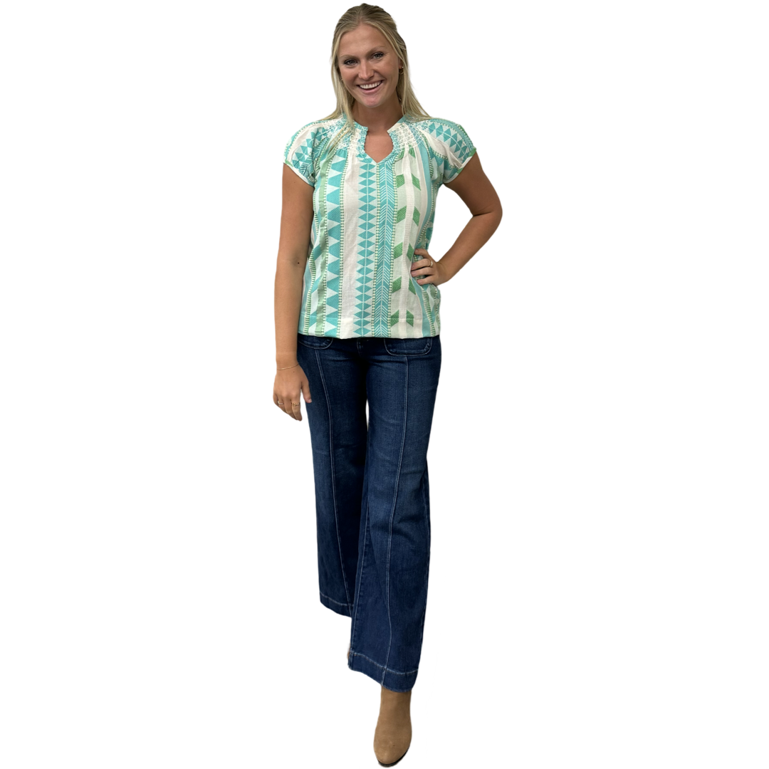 The Michelle Smock Neck Short Sleeve Top in Turquoise and Cream Jacquard — view 2