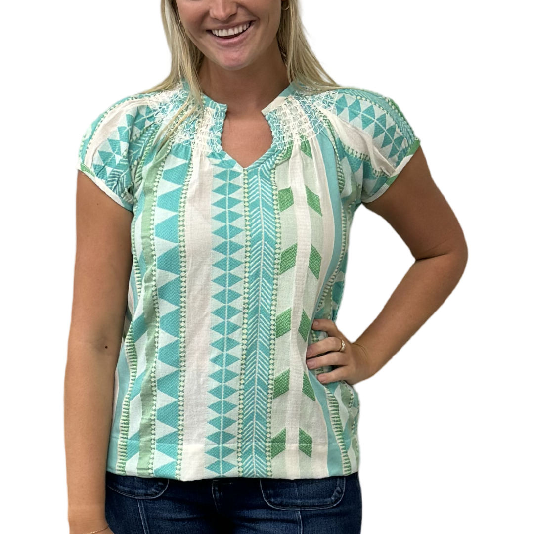 The Michelle Smock Neck Short Sleeve Top in Turquoise and Cream Jacquard — view 3
