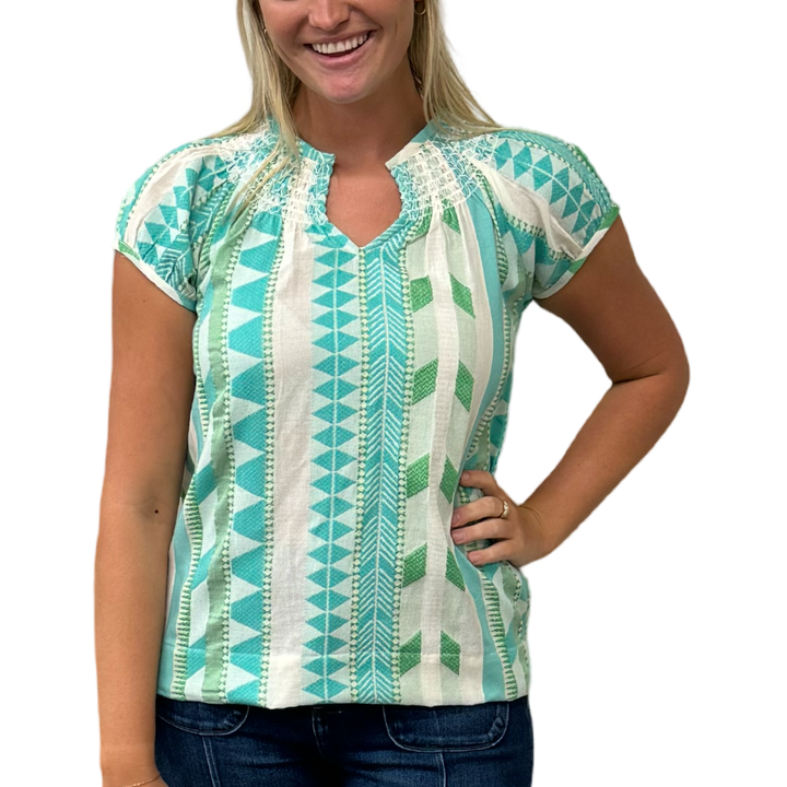The Michelle Smock Neck Short Sleeve Top in Turquoise and Cream Jacquard — view 3
