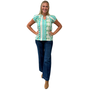 The Michelle Smock Neck Short Sleeve Top in Turquoise and Cream Jacquard