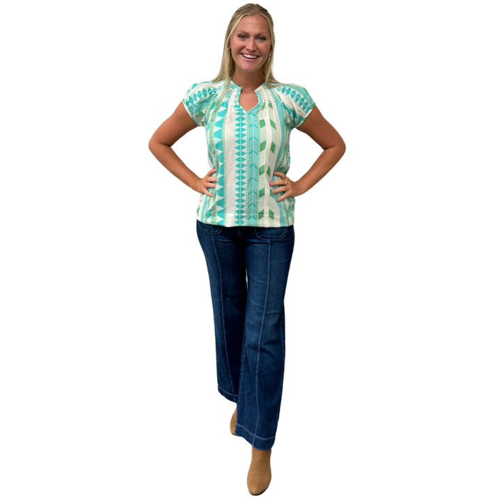 The Michelle Smock Neck Short Sleeve Top in Turquoise and Cream Jacquard