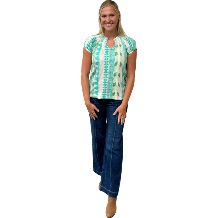 The Michelle Smock Neck Short Sleeve Top in Turquoise and Cream Jacquard — view 4