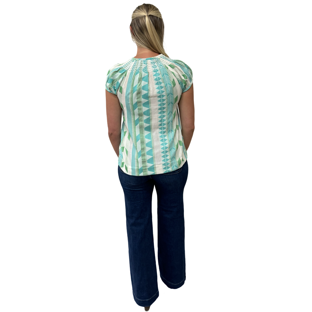 The Michelle Smock Neck Short Sleeve Top in Turquoise and Cream Jacquard — view 5