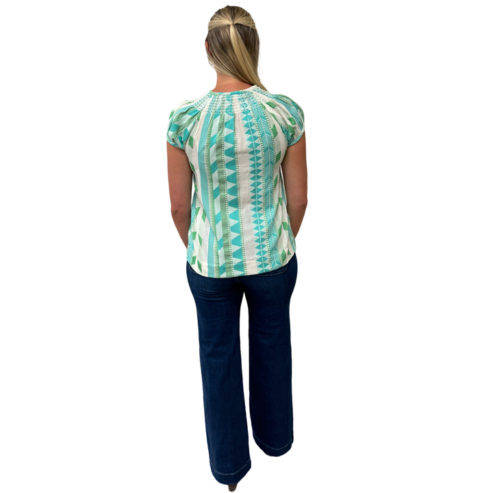 The Michelle Smock Neck Short Sleeve Top in Turquoise and Cream Jacquard — view 5