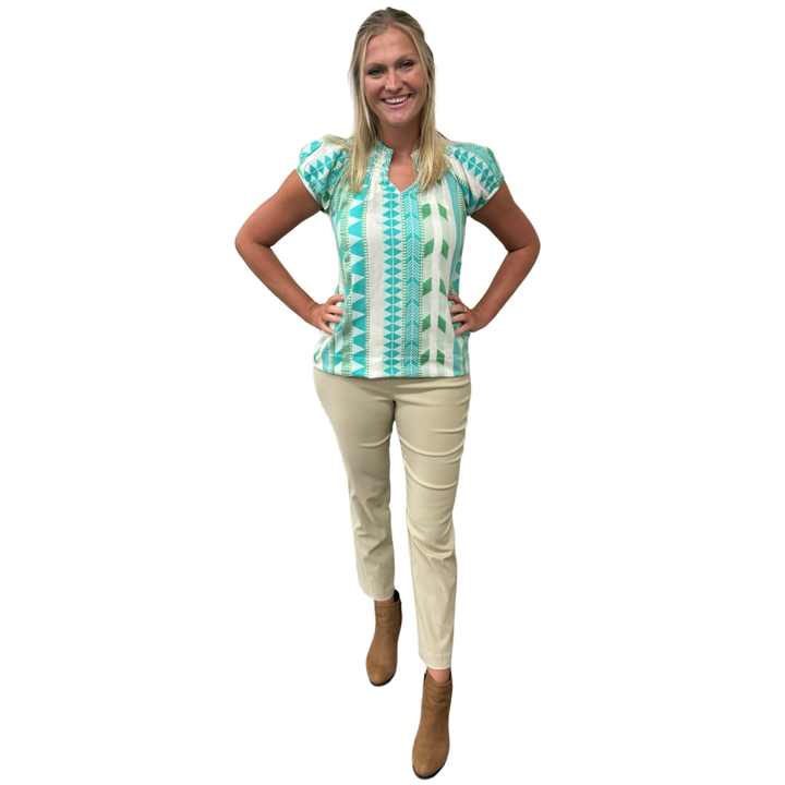 The Michelle Smock Neck Short Sleeve Top in Turquoise and Cream Jacquard — view 6