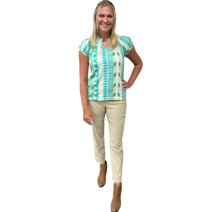 The Michelle Smock Neck Short Sleeve Top in Turquoise and Cream Jacquard — view 7