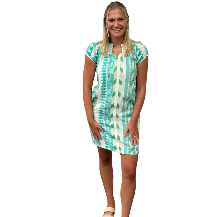 The Michelle Smocked Neck Dress in Turquoise Cream Jacquard — view 3