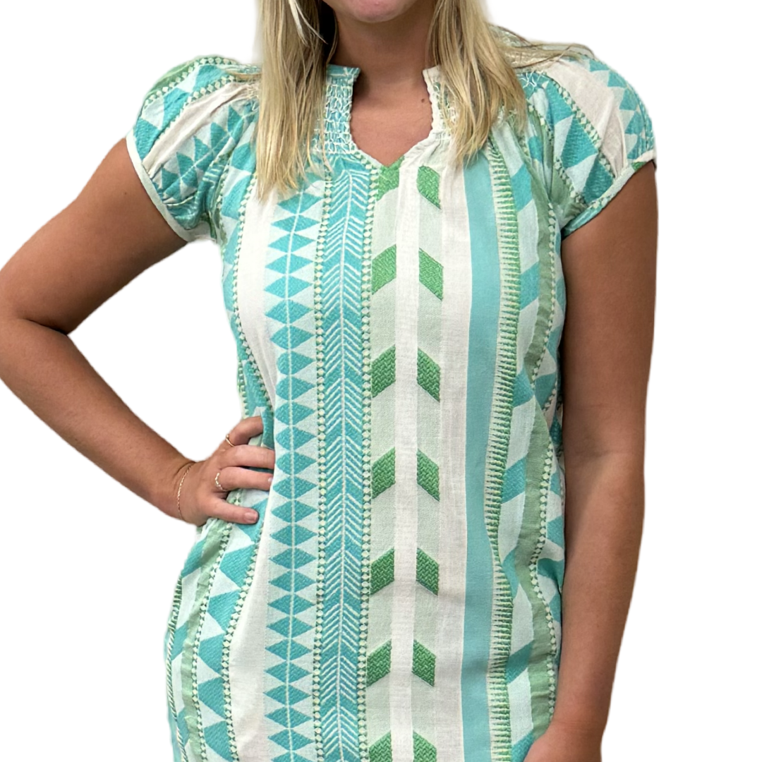 The Michelle Smocked Neck Dress in Turquoise Cream Jacquard — view 4
