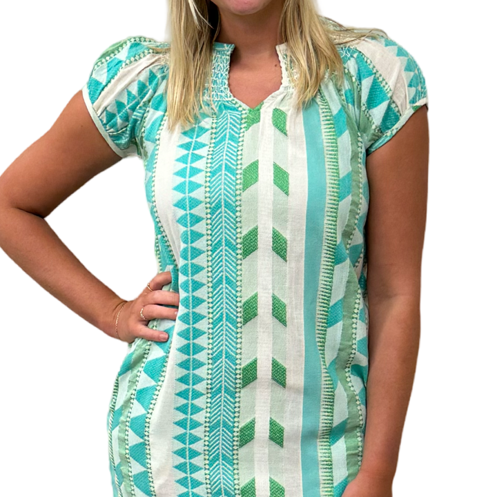 The Michelle Smocked Neck Dress in Turquoise Cream Jacquard — view 4