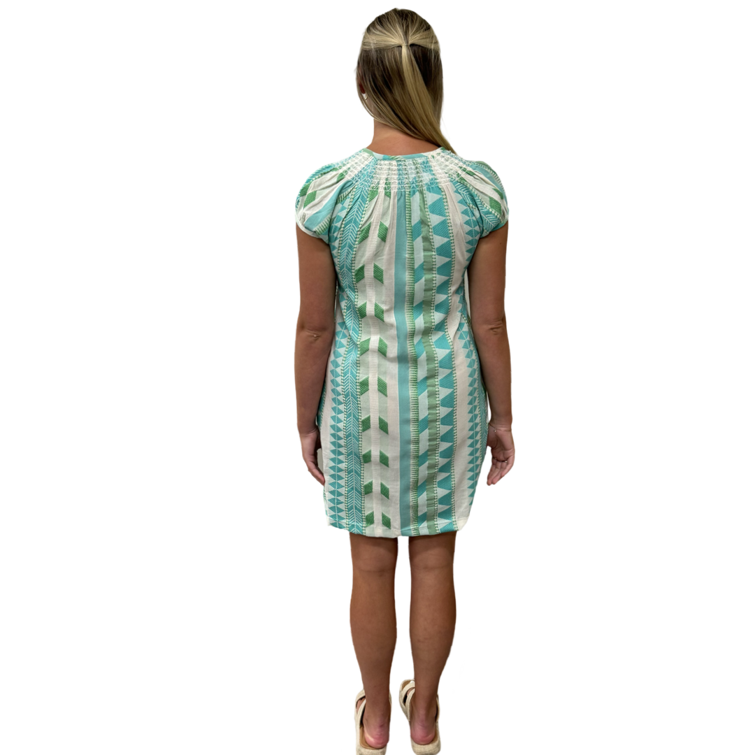 The Michelle Smocked Neck Dress in Turquoise Cream Jacquard — view 5