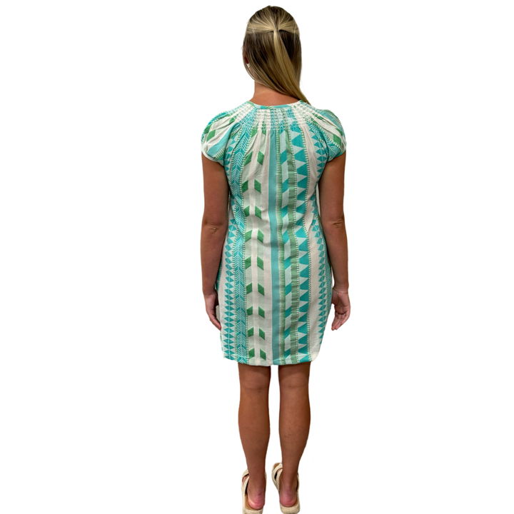 The Michelle Smocked Neck Dress in Turquoise Cream Jacquard — view 5