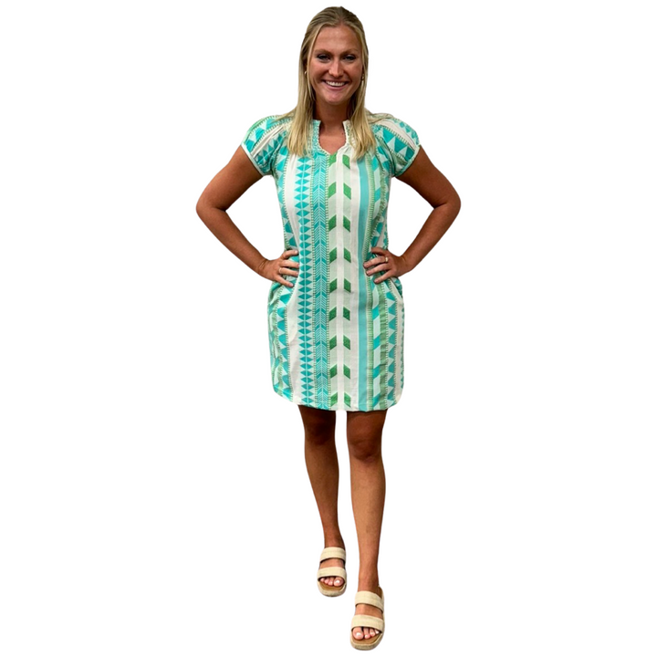 The Michelle Smocked Neck Dress in Turquoise Cream Jacquard
