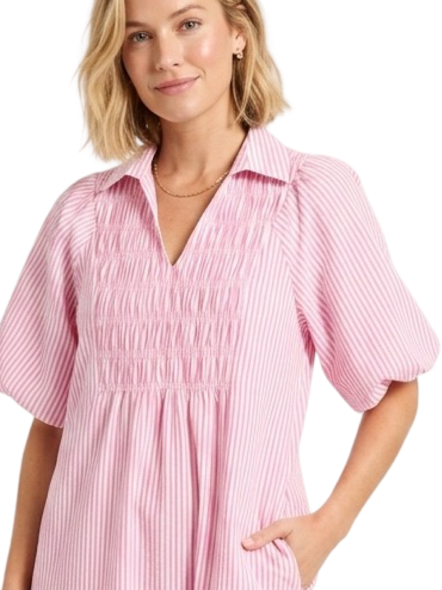 The Joanie Smocked Dress in Pink and White Stripe — view 2