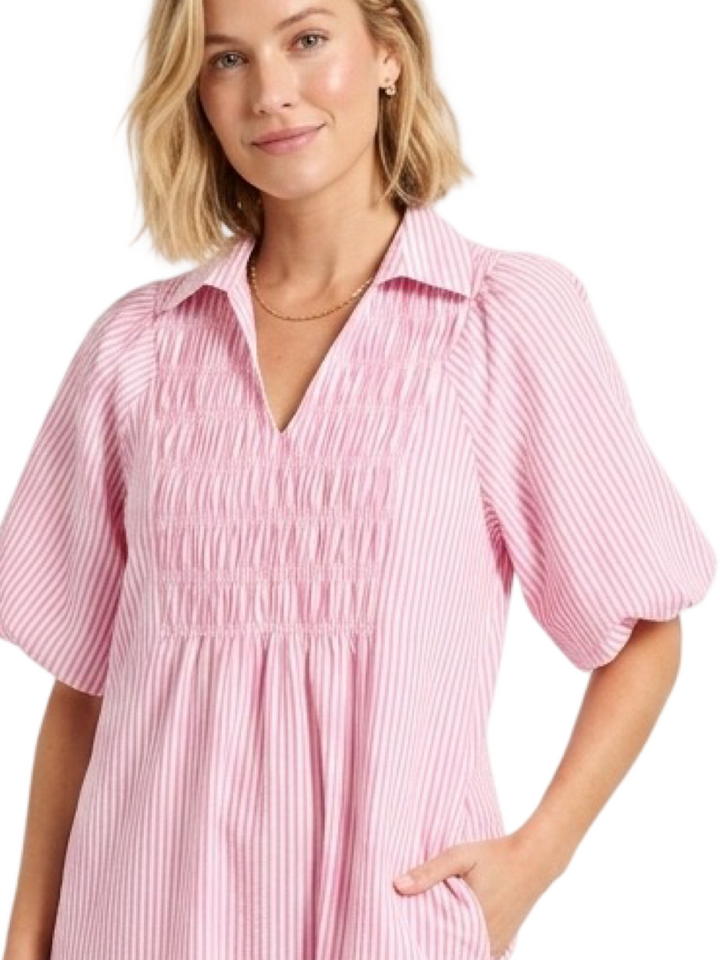 The Joanie Smocked Dress in Pink and White Stripe — view 2