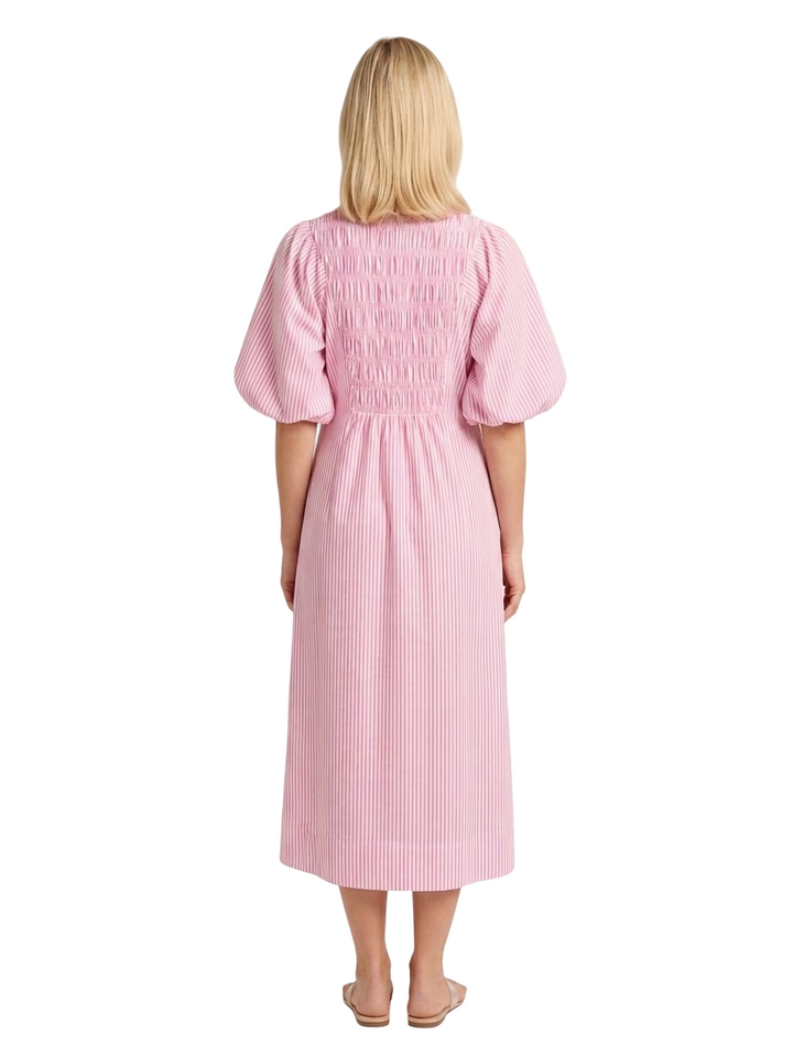 The Joanie Smocked Dress in Pink and White Stripe — view 6