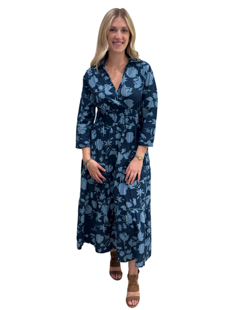 The Sydney Cinch Waist Dress in Navy Blue Striped Leaf Print — view 2