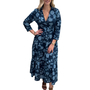 The Sydney Cinch Waist Dress in Navy Blue Striped Leaf Print